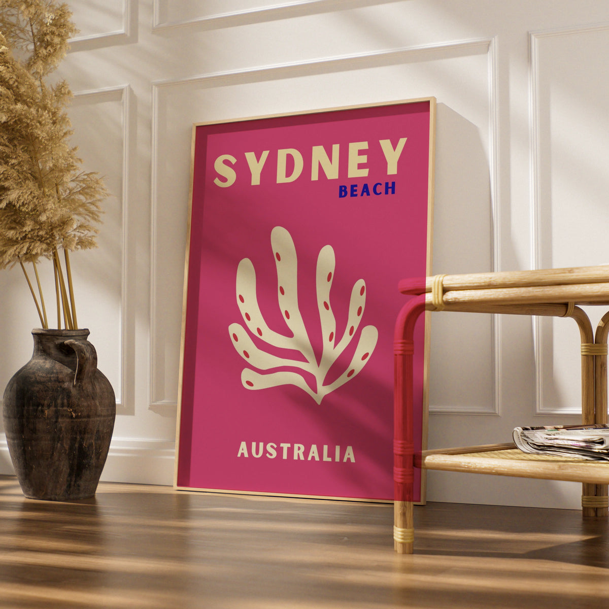 Sydney Beach Australia Travel Poster, Retro Coral Wall Art, Pink Australian Print