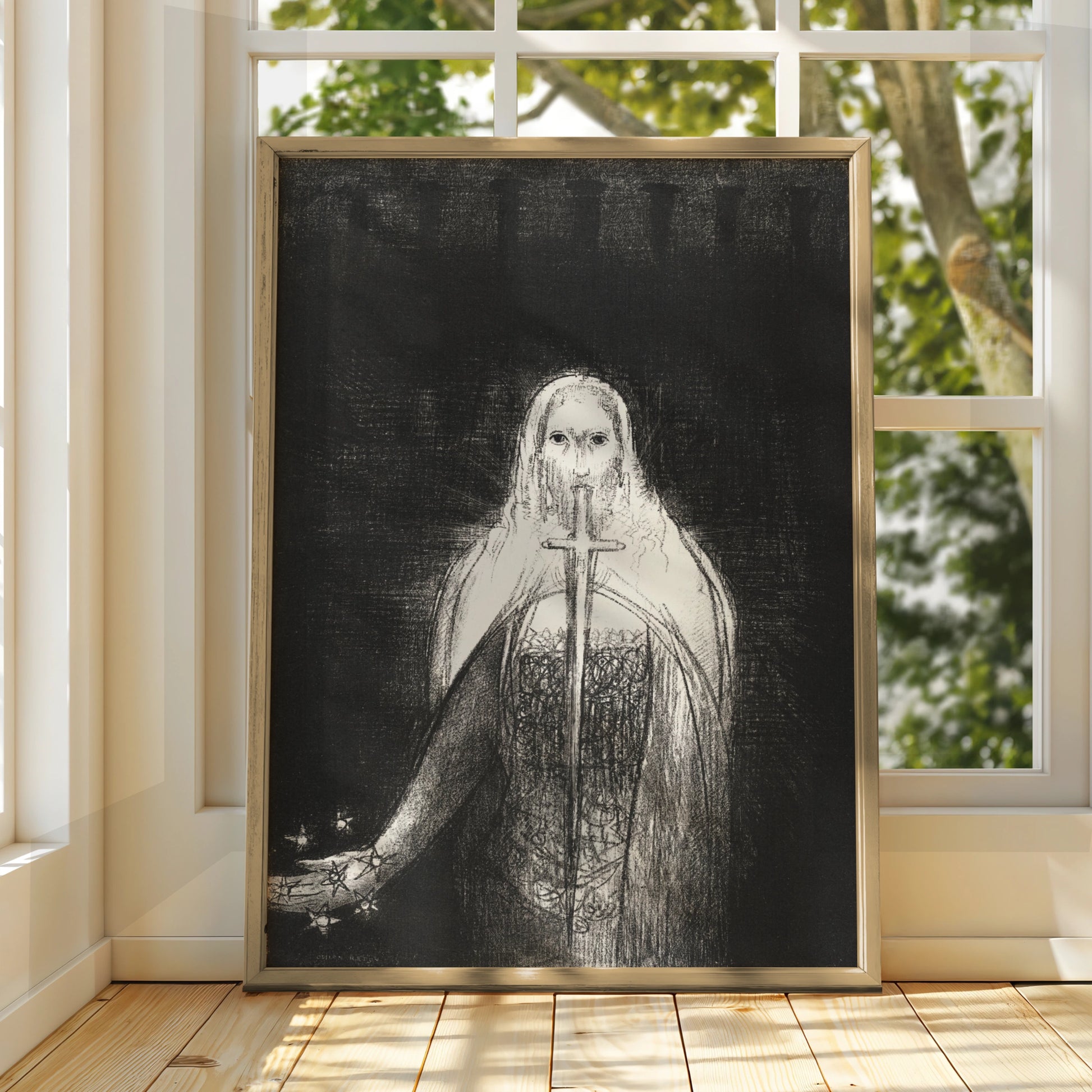 Halloween Gothic Ghost Figure Poster, Dark Occult Wall Art, Black White Sword Print