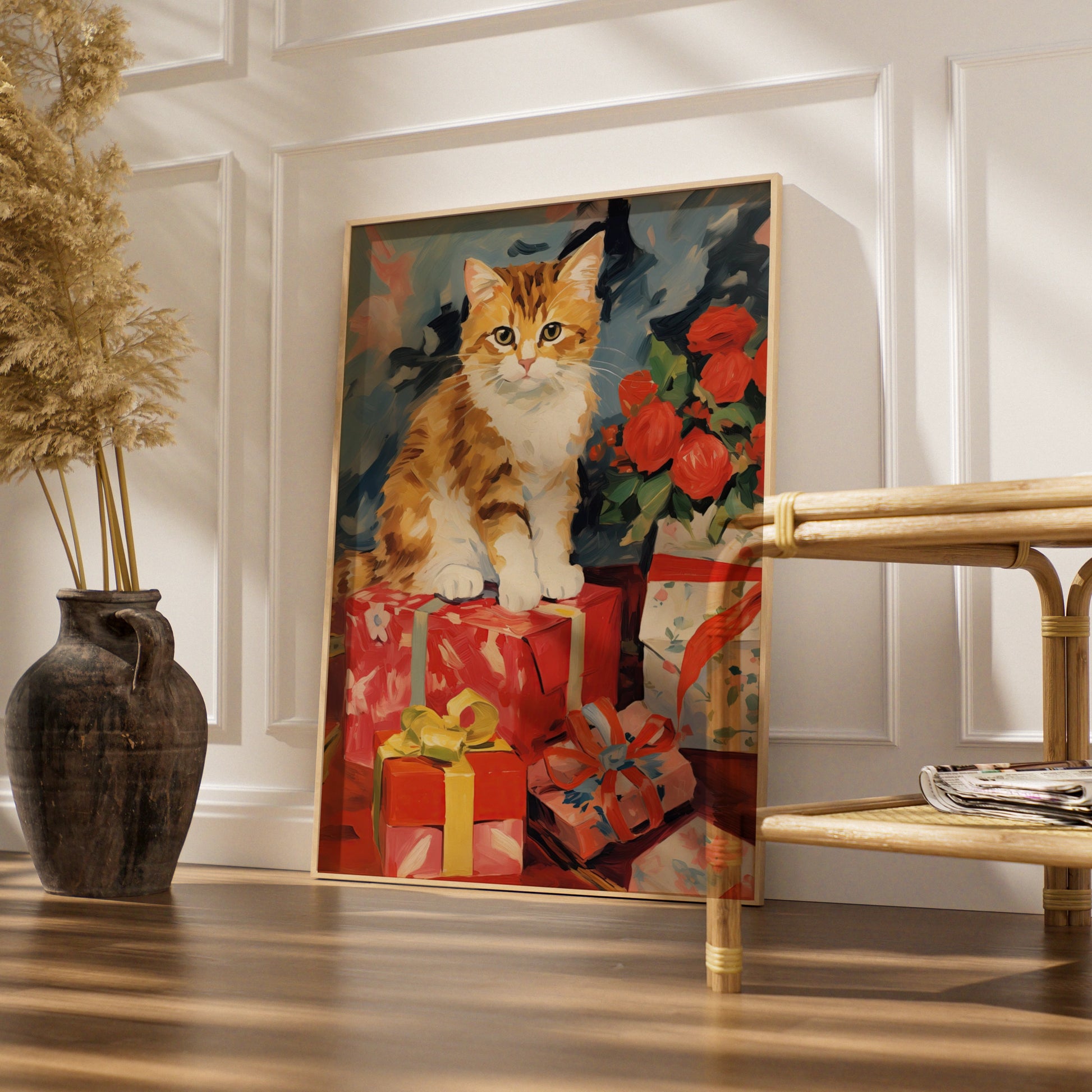 Christmas Cat Poster, Ginger Tabby with Gifts Wall Art, Festive Holiday Print for Cat Lovers