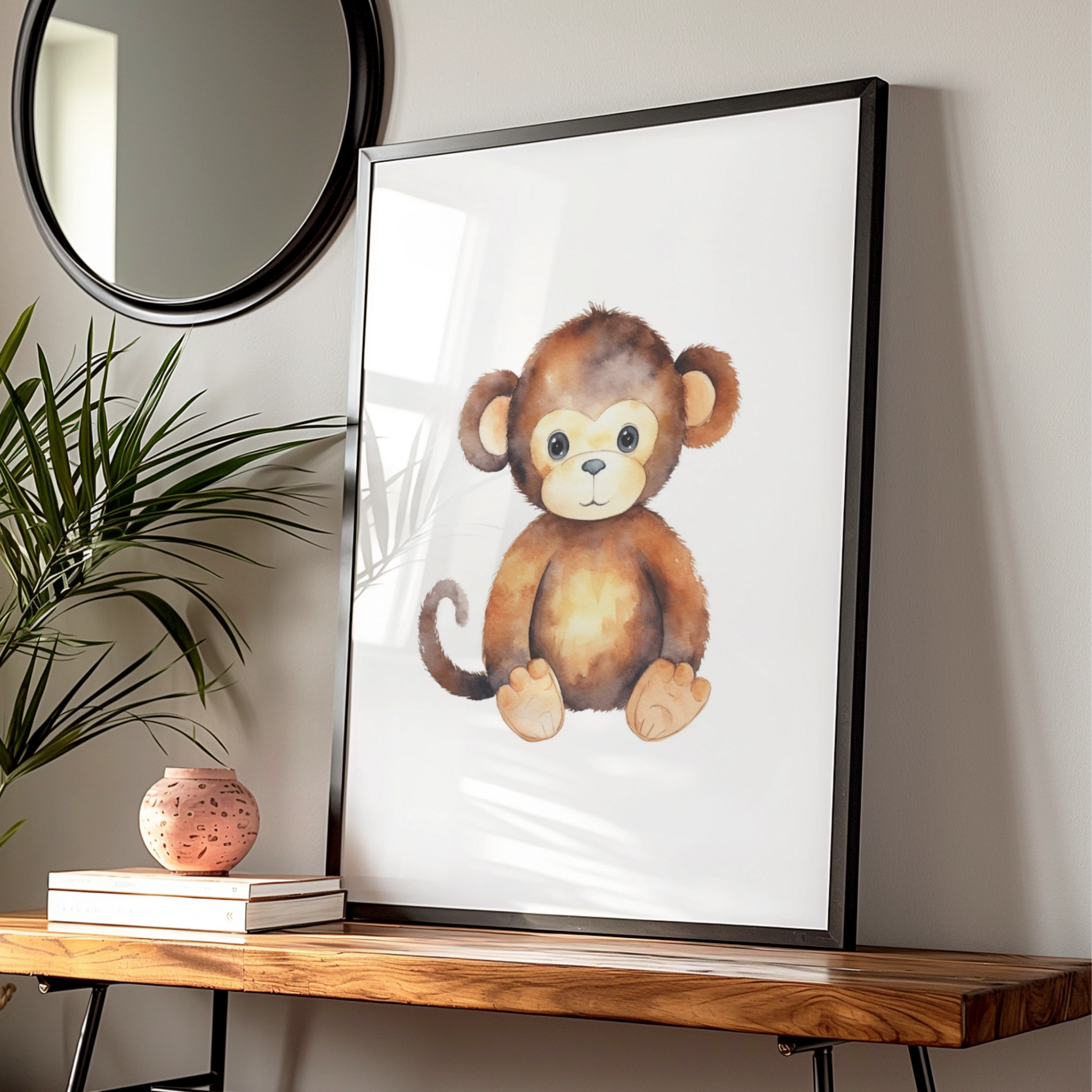 Cute Monkey Nursery Wall Art, Watercolour Baby Monkey Poster, Safari Animal Kids Room Print
