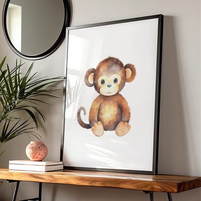 Cute Monkey Nursery Wall Art, Watercolour Baby Monkey Poster, Safari Animal Kids Room Print