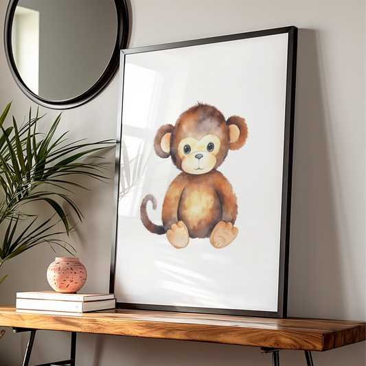 Cute Monkey Nursery Wall Art, Watercolour Baby Monkey Poster, Safari Animal Kids Room Print