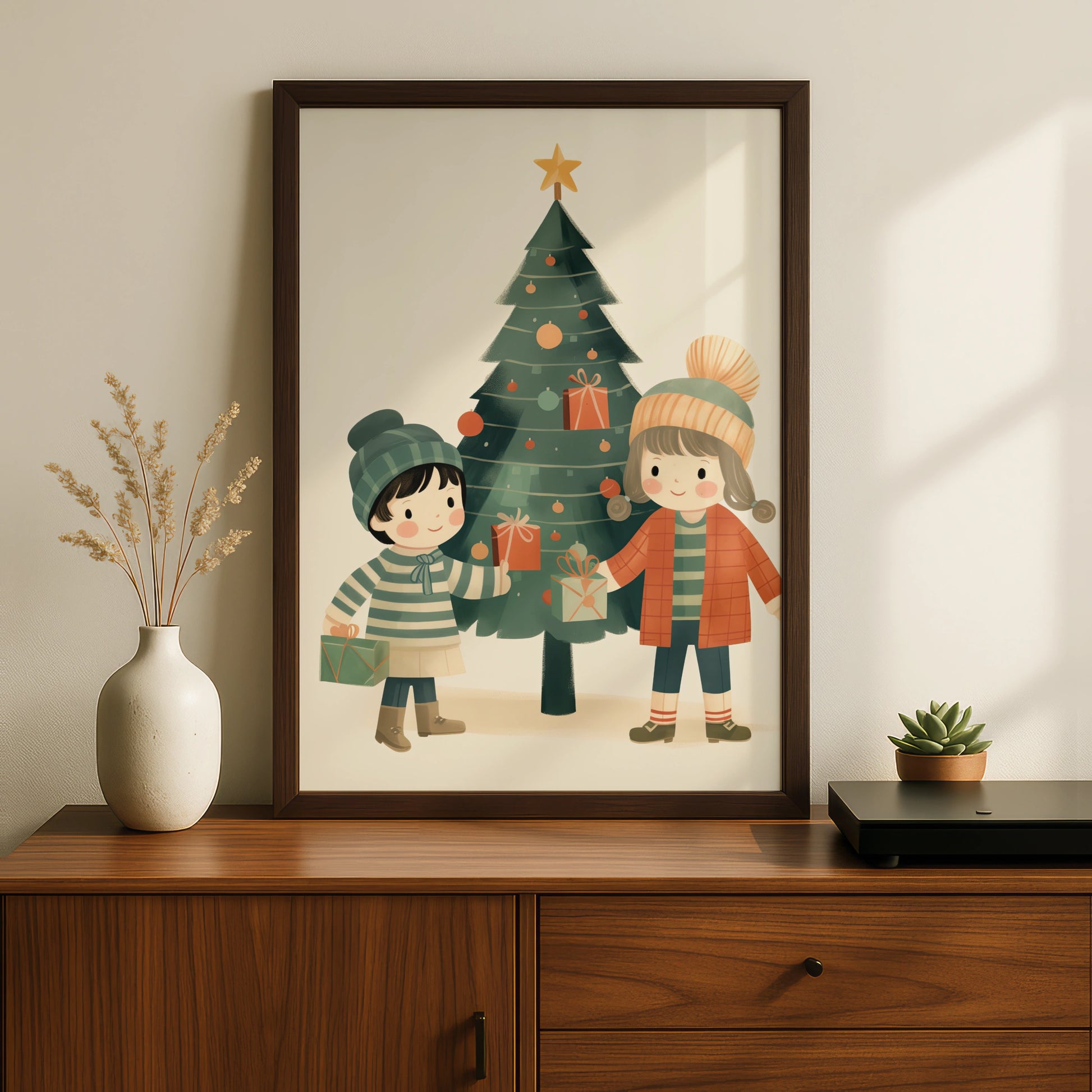 Christmas Poster Children Tree Gifts, Cute Kids Xmas Wall Art, Festive Holiday Print