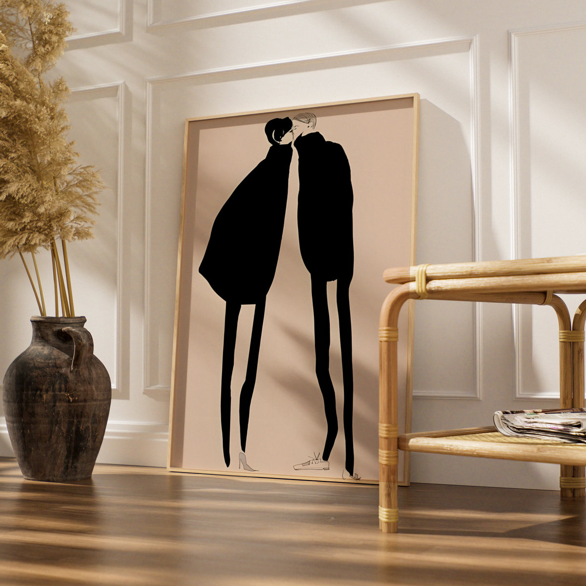 Kissing Couple Silhouette Print, Monochrome Wall Art, Minimalist Romantic Poster, Modern Neutral