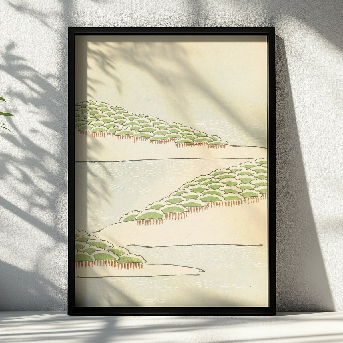 Vintage Japanese Woodblock Print, Bijutsukai 1901, Japandi Wall Art, Minimalist Pine Coast Poster – A4 Black frame