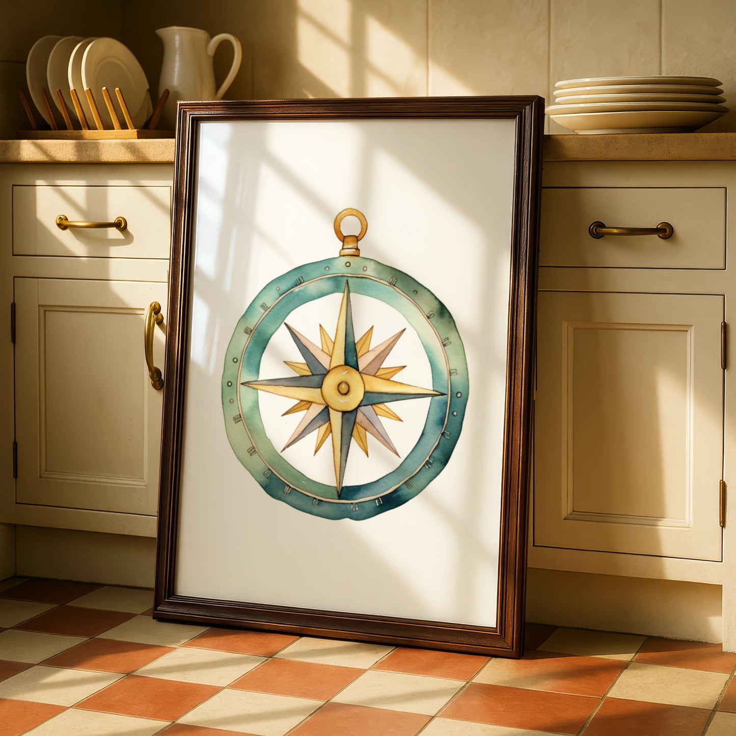 Compass Nursery Wall Art, Watercolour Adventure Poster, Teal Gold Boys Room Print