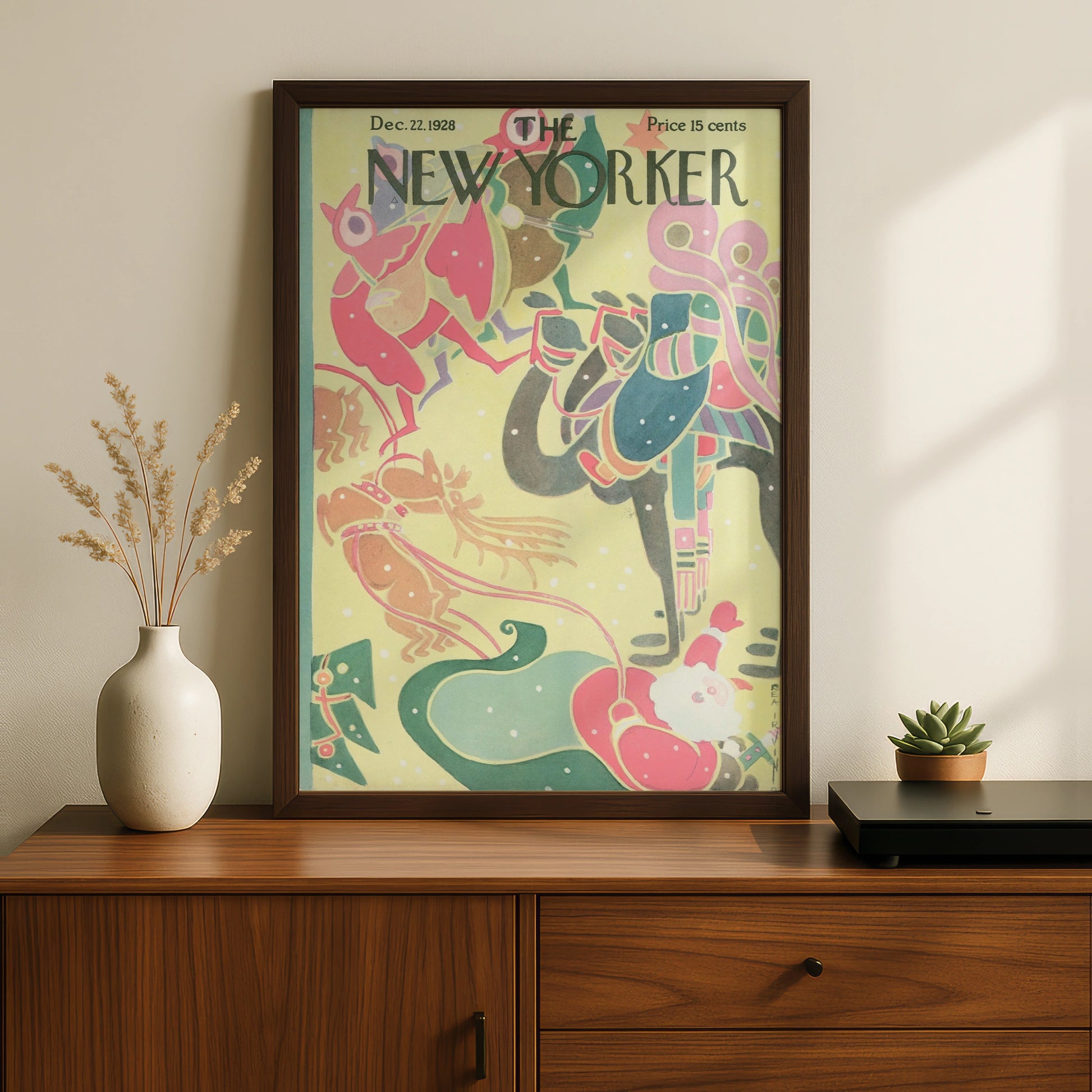 New Yorker Christmas 1928 Cover Poster, Santa Reindeer Art Deco Holiday Wall Art