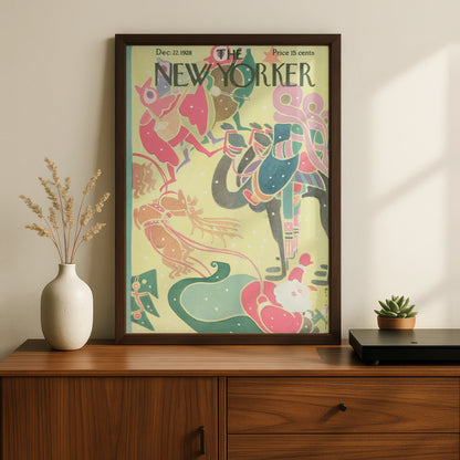 New Yorker Christmas 1928 Cover Poster, Santa Reindeer Art Deco Holiday Wall Art