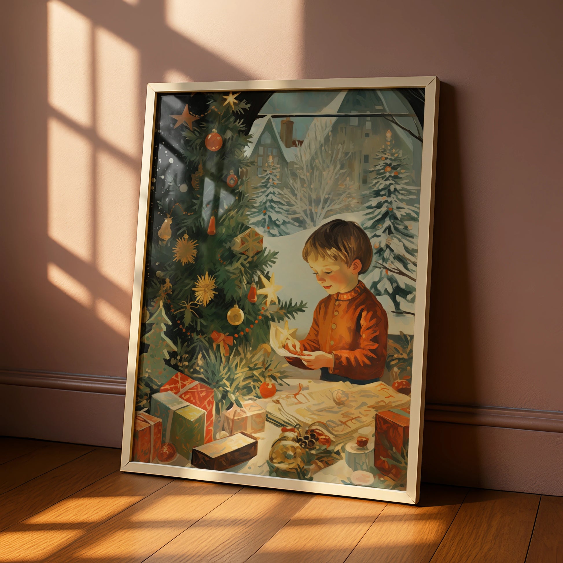Vintage Christmas Poster, Child by Tree with Gifts, Retro Festive Wall Art Print