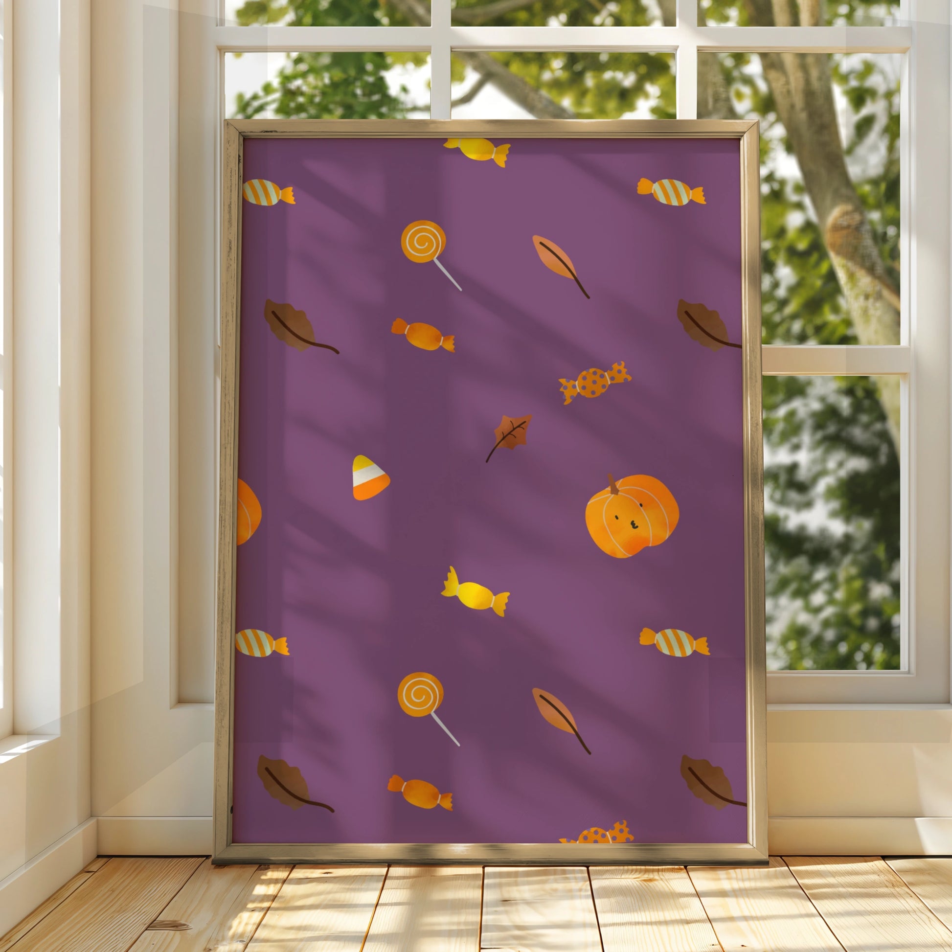 Halloween Candy Pattern Poster, Trick or Treat Wall Art, Pumpkin Purple Print