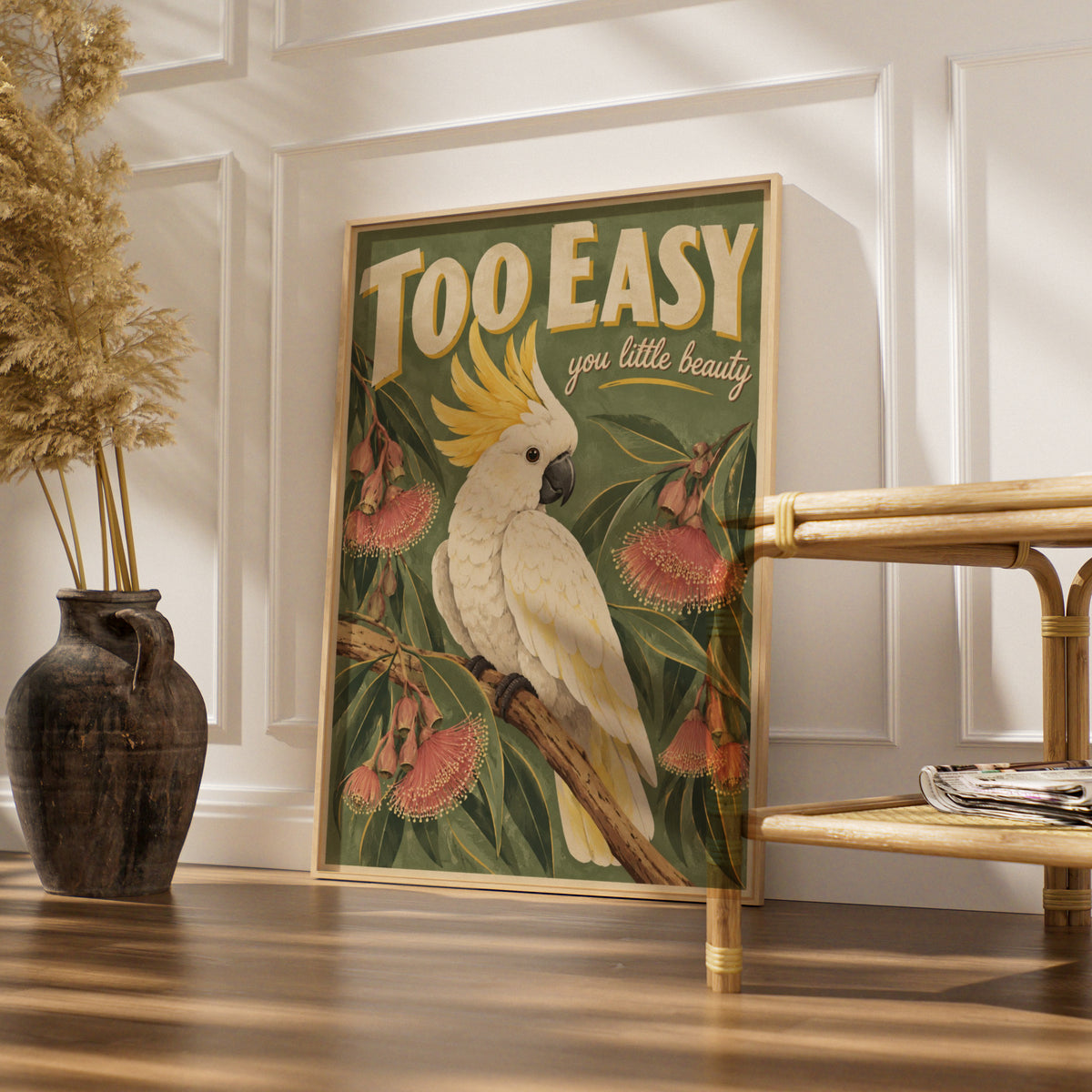 Cockatoo Australian Wall Art, Retro Style Sulphur Crested Bird Print, Aussie Wildlife Poster
