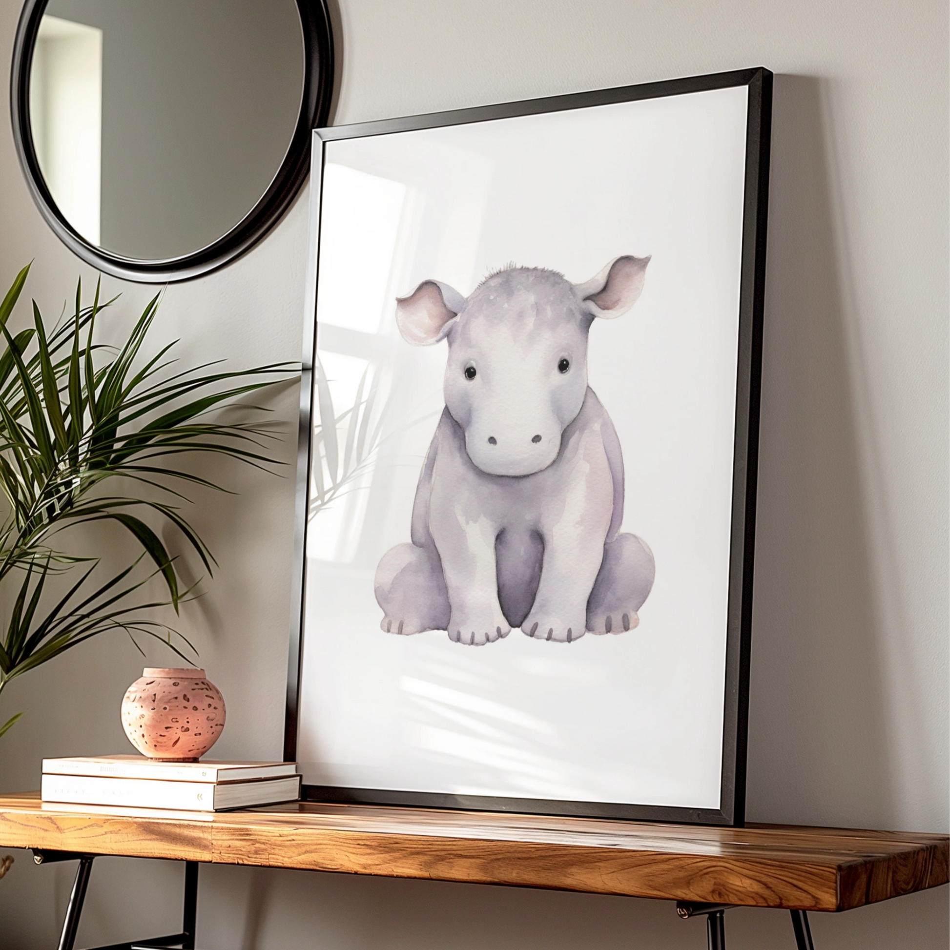 Baby Hippo Nursery Wall Art, Cute Watercolour Hippopotamus Print, Safari Animal Poster