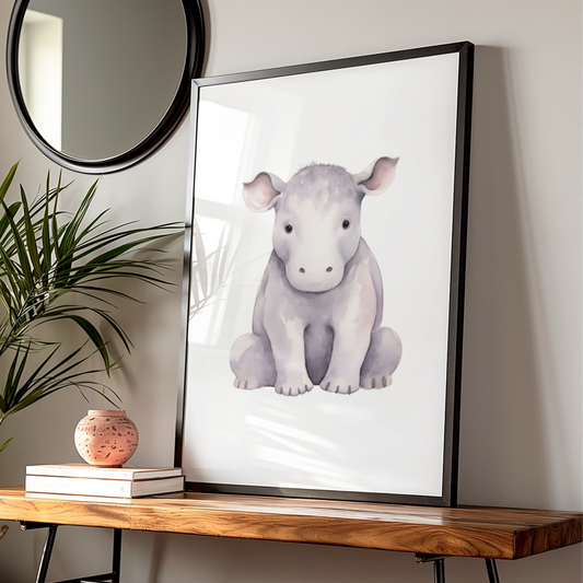 Baby Hippo Nursery Wall Art, Cute Watercolour Hippopotamus Print, Safari Animal Poster