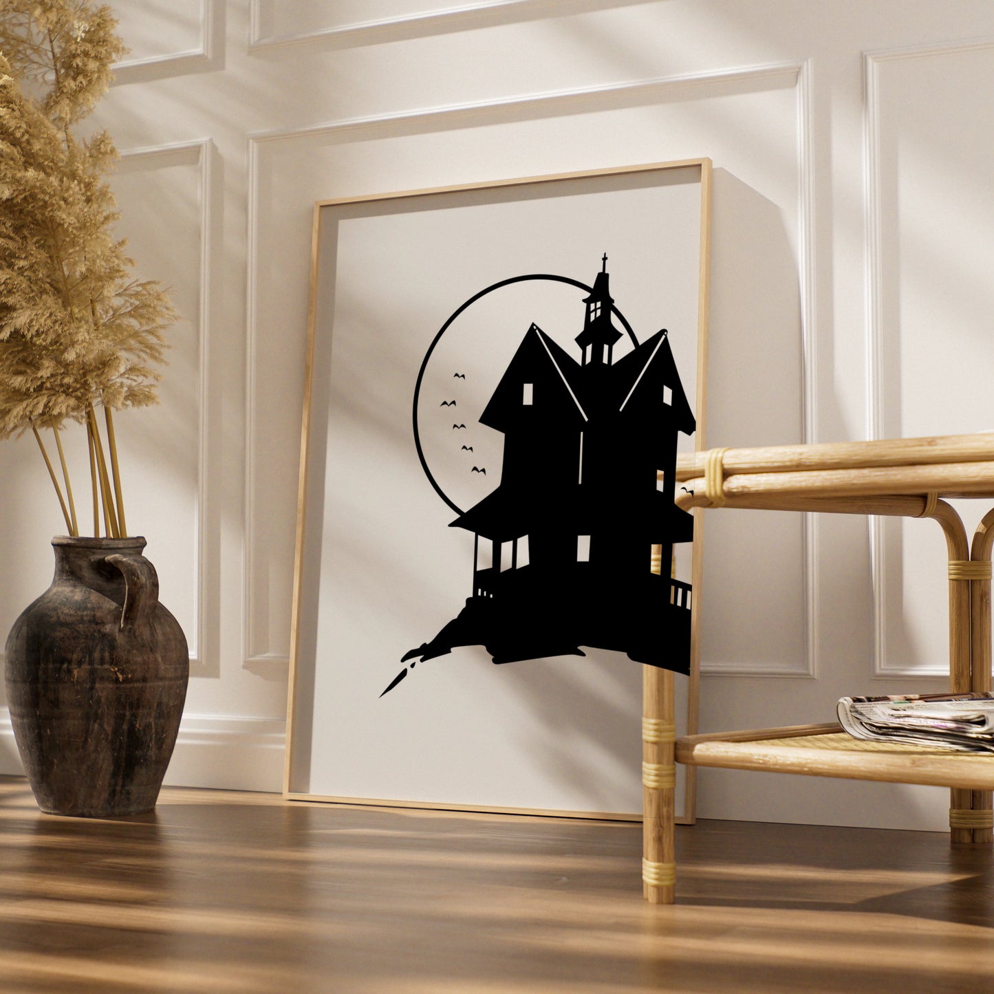 Halloween Haunted House Poster, Spooky Black Silhouette Wall Art, Full Moon Print