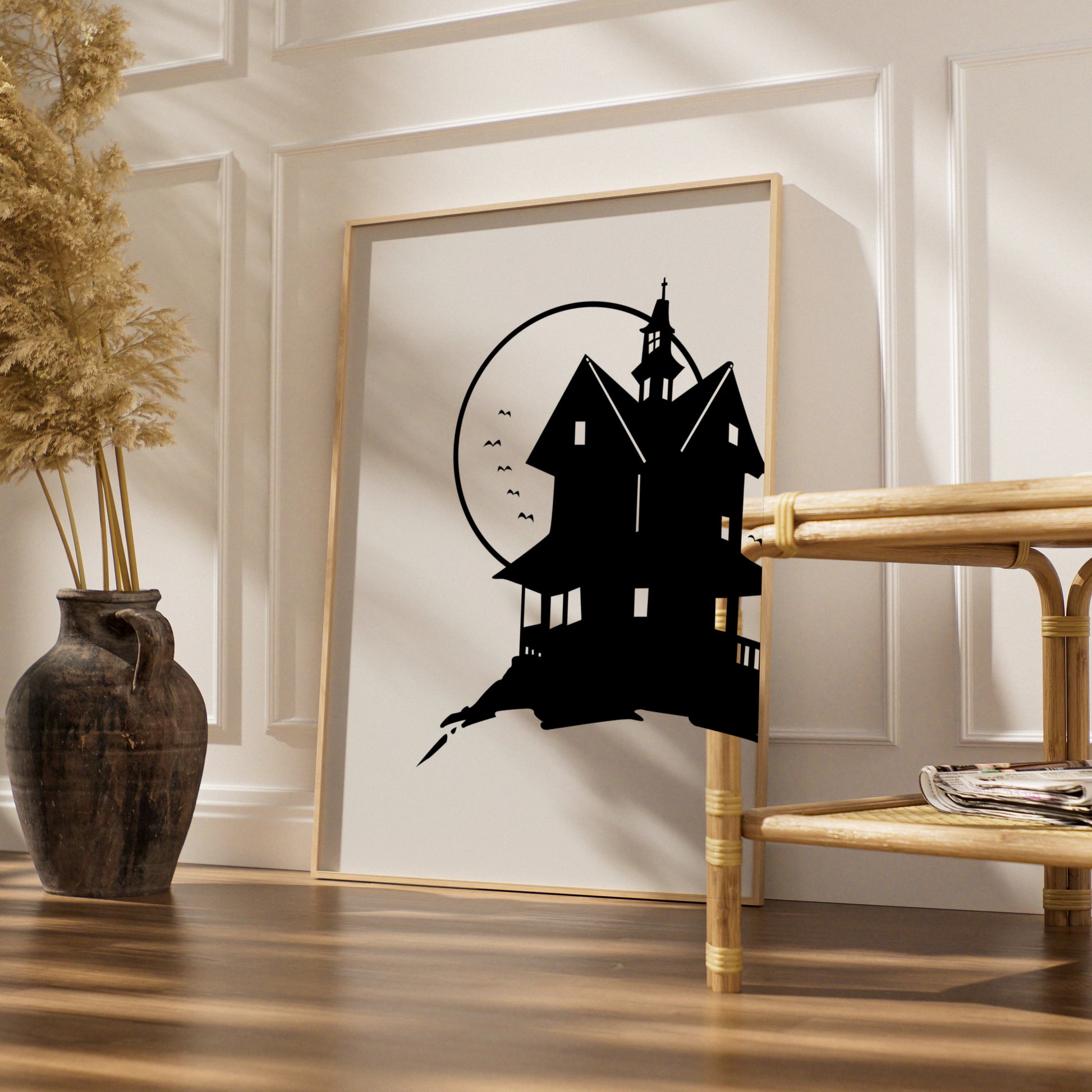 Halloween Haunted House Poster, Spooky Black Silhouette Wall Art, Full Moon Print