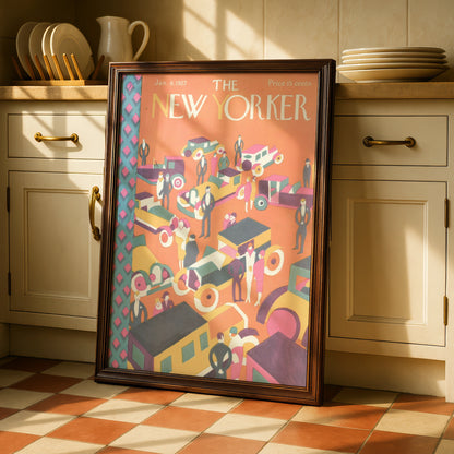 New Yorker 1927 Art Deco Poster, Vintage NYC Traffic Cover Print, Retro Wall Art