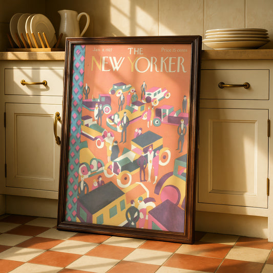 New Yorker 1927 Art Deco Poster, Vintage NYC Traffic Cover Print, Retro Wall Art