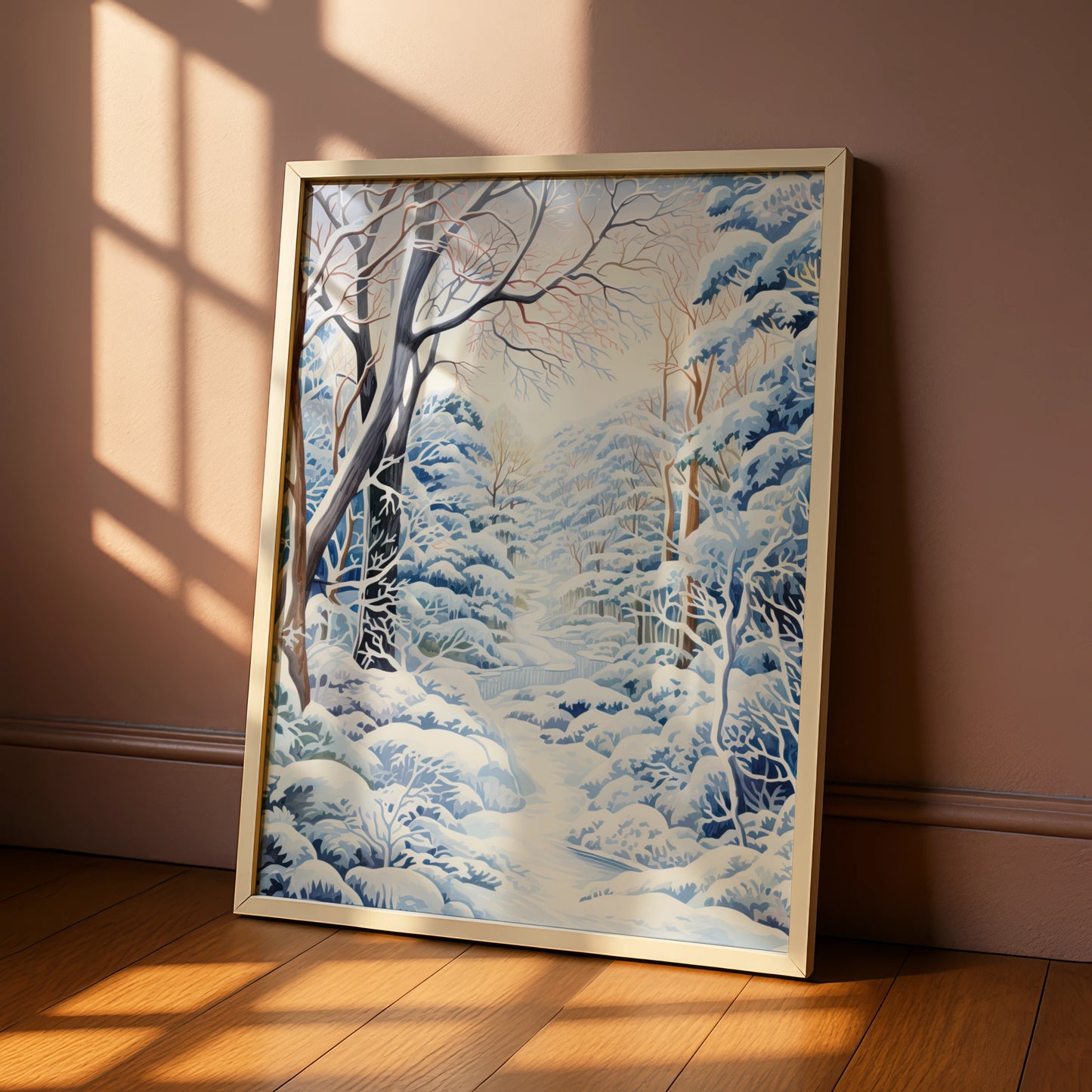 Winter Forest Christmas Poster, Snowy Woodland Wall Art, Blue White Nature Print