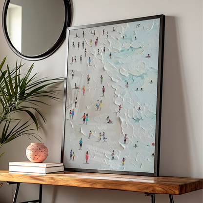 Beach Scene Art Print, People on Sandy Shore, Aerial View Poster, Modern Coastal Wall Art