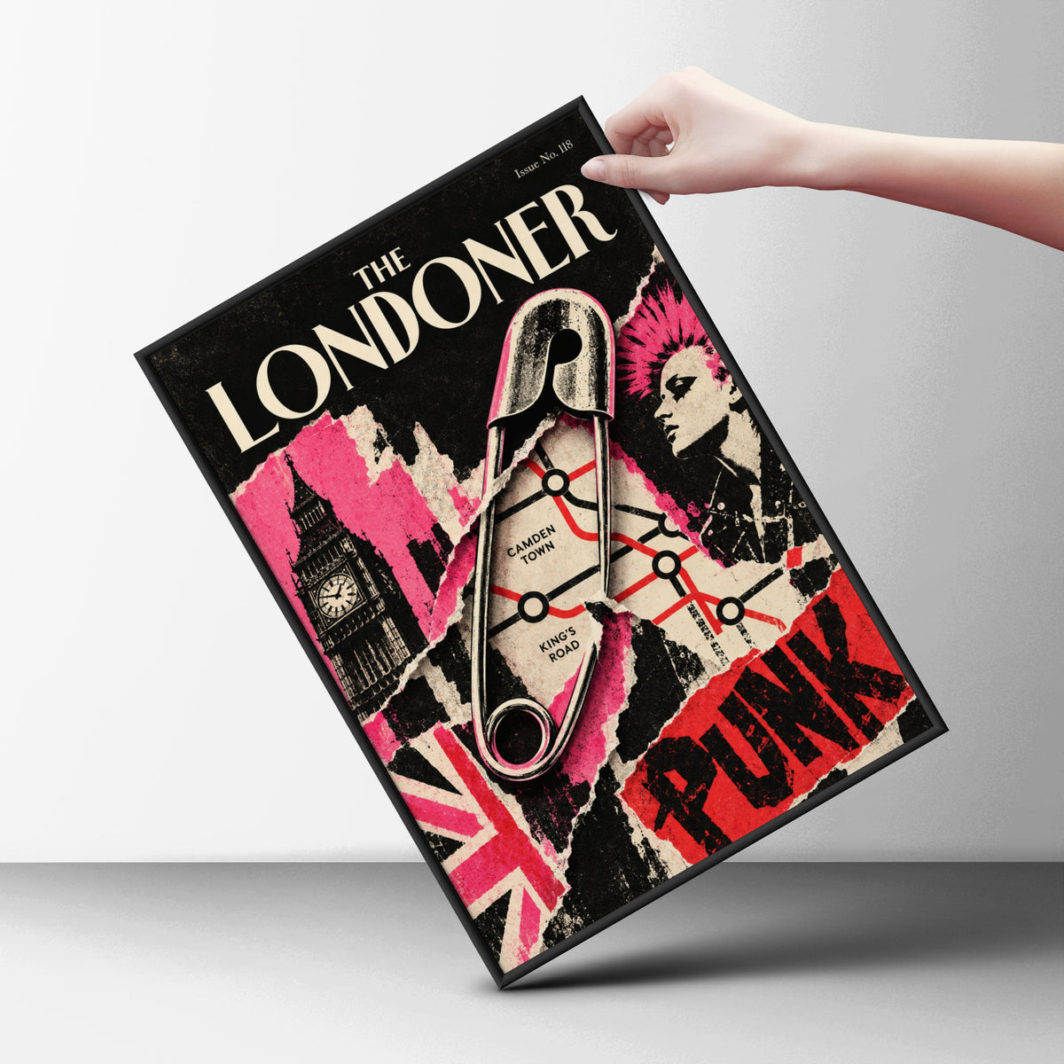 London Punk Poster, Safety Pin Wall Art, Camden Town Print, Big Ben Collage, Pink Red Black Decor