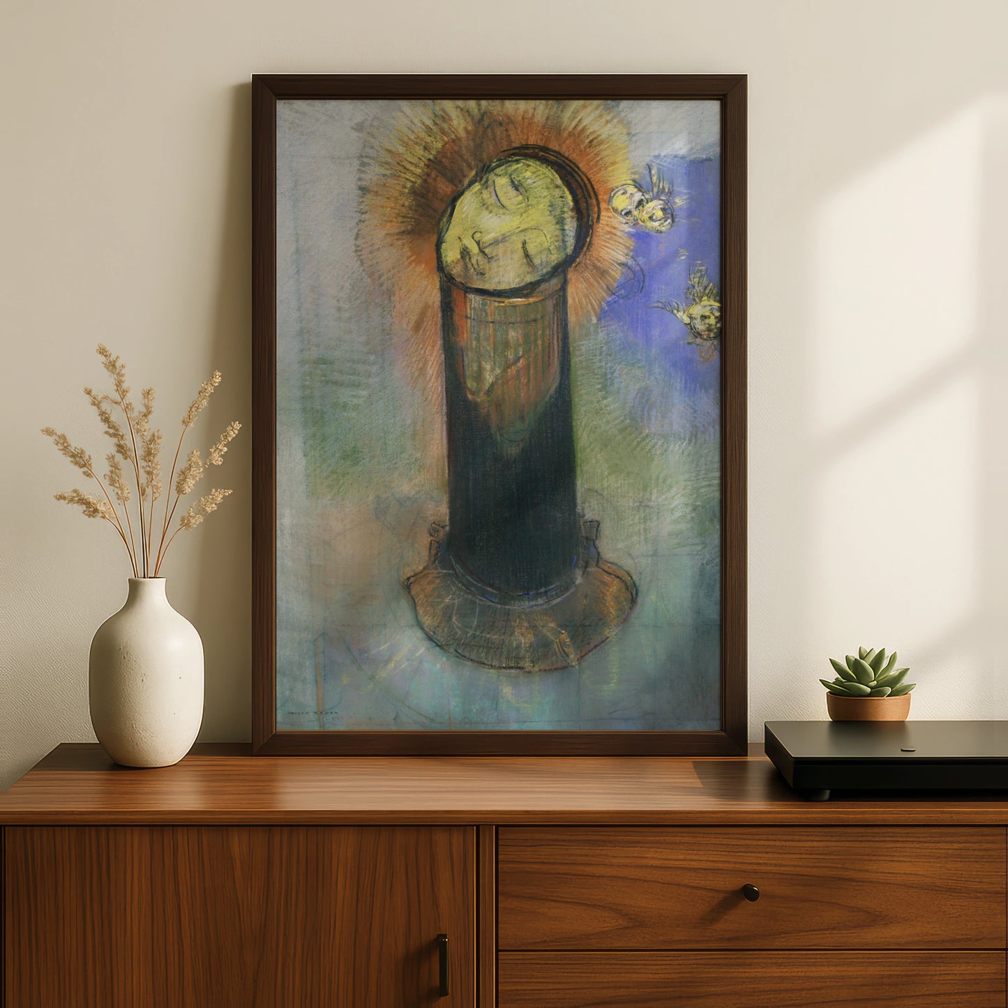 Odilon Redon Halloween Surreal Art Print, Mystical Head Halo Skull Poster Wall