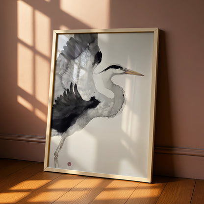 Heron Ink Art Print, Monochrome Wall Art, Black and White Bird Poster, Minimalist Print
