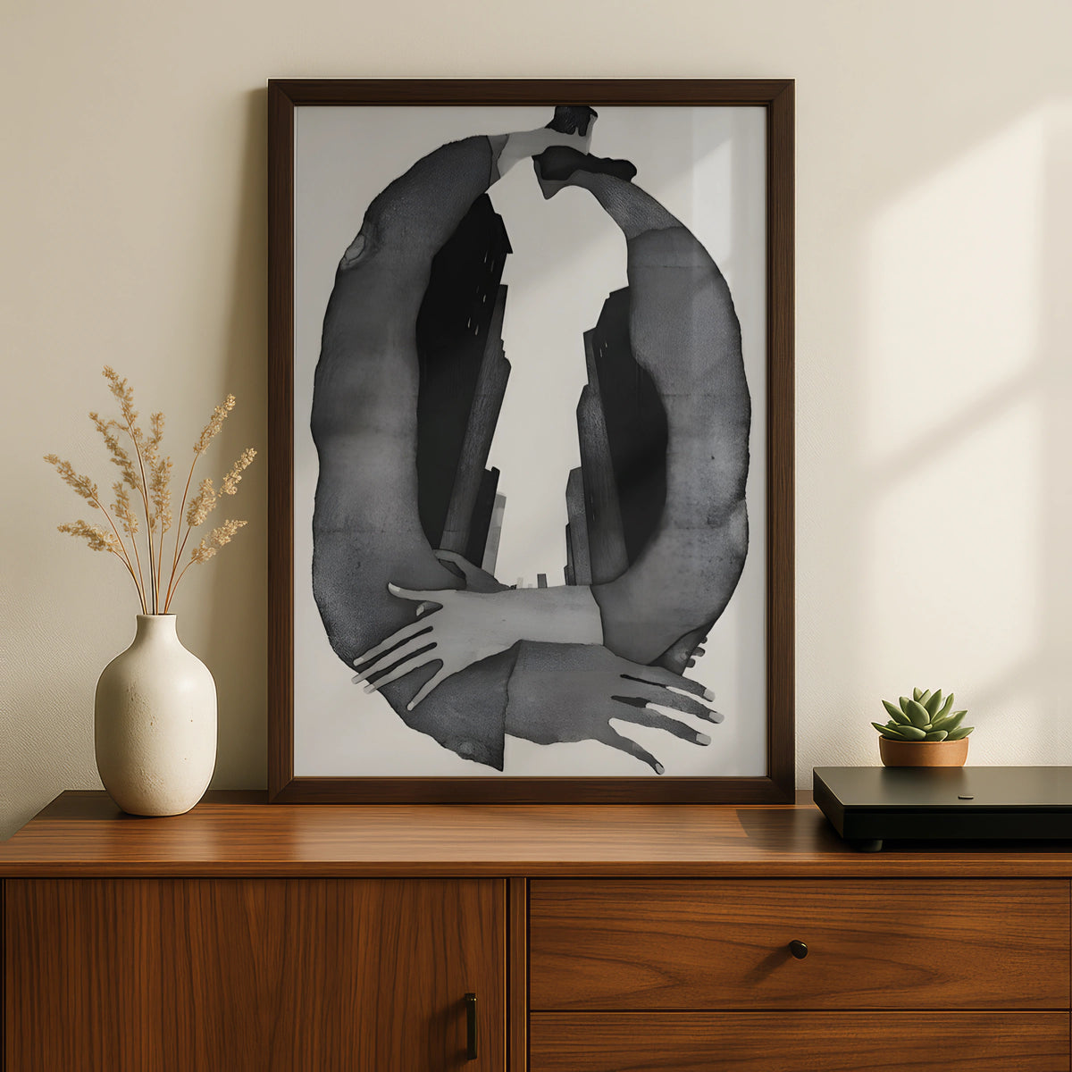 Abstract Figure Embrace Monochrome Wall Art, Black and White Modern Print, Gallery Wall Poster
