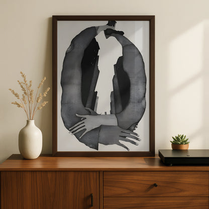 Abstract Figure Embrace Monochrome Wall Art, Black and White Modern Print, Gallery Wall Poster