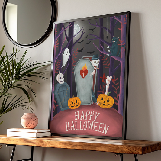 Happy Halloween Poster, Spooky Graveyard Wall Art, Ghost Pumpkin Skeleton Print