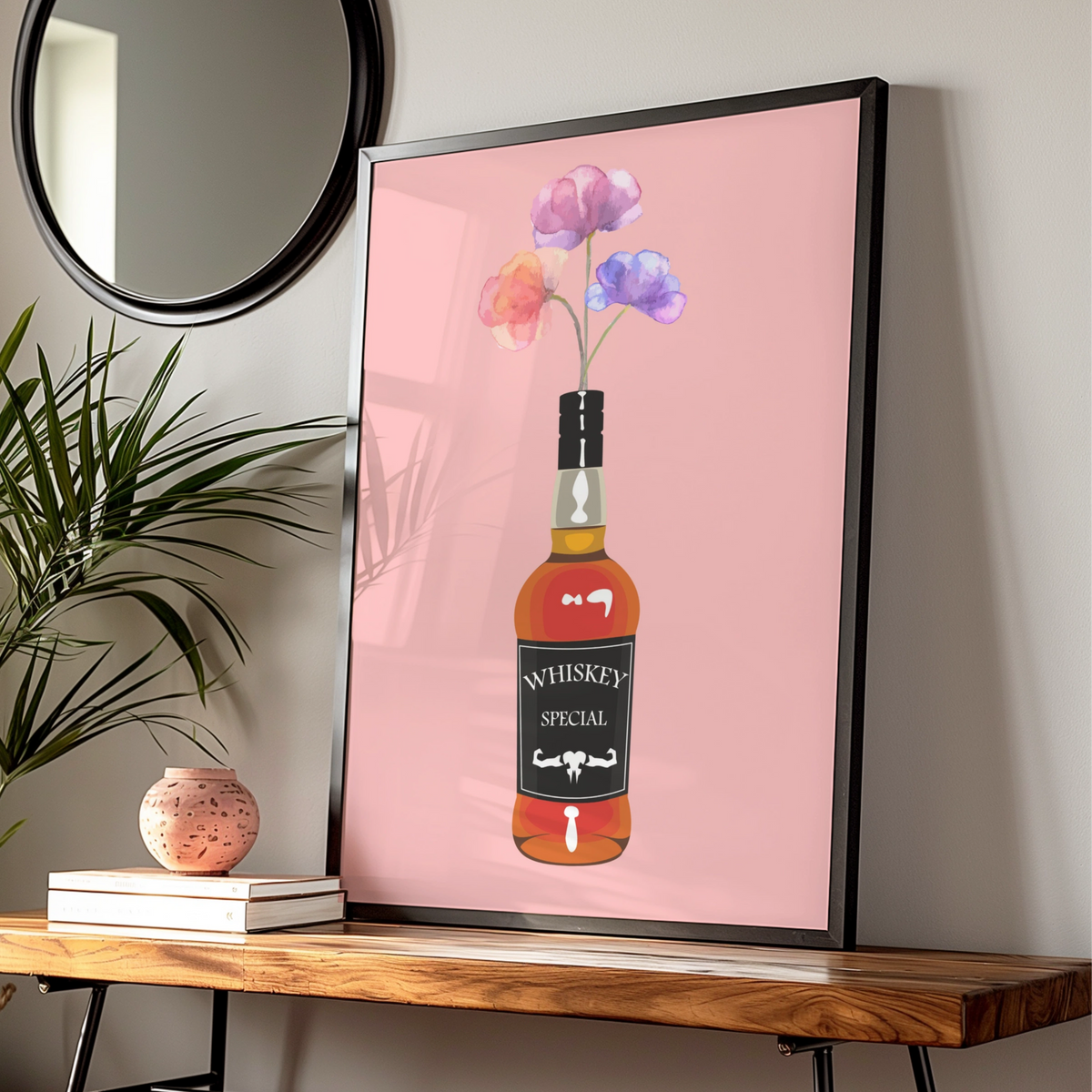 Whiskey Bottle Floral Maximalist Poster, Pink Bar Wall Art, Bold Drinks Print