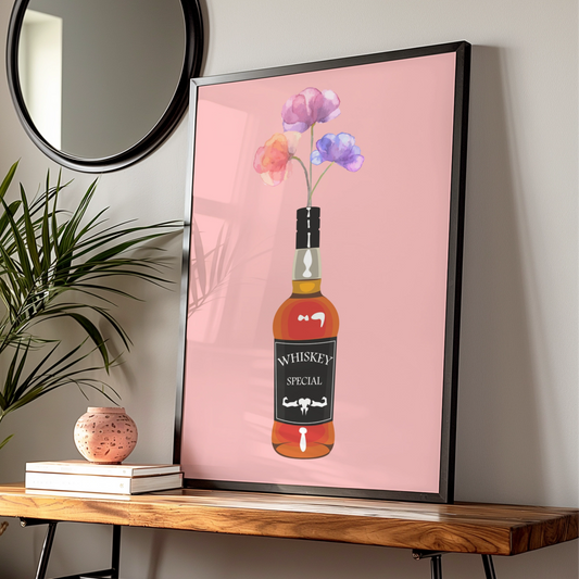 Whiskey Bottle Floral Maximalist Poster, Pink Bar Wall Art, Bold Drinks Print
