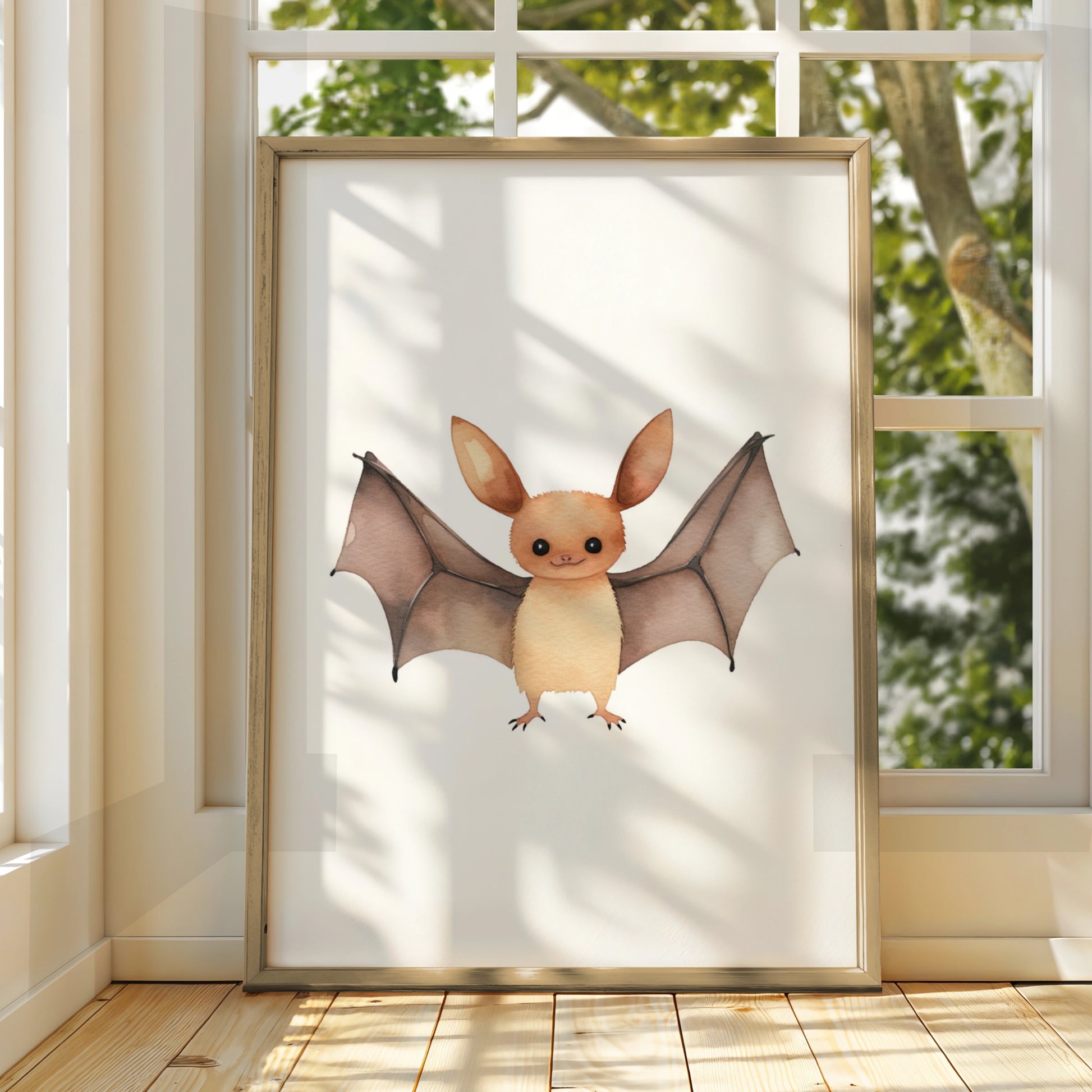 Cute Bat Nursery Wall Art, Watercolour Animal Poster, Kids Room Decor Print