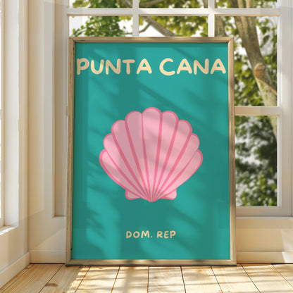 Punta Cana Travel Poster, Dominican Republic Wall Art, Retro Beach Print, Teal Pink Seashell