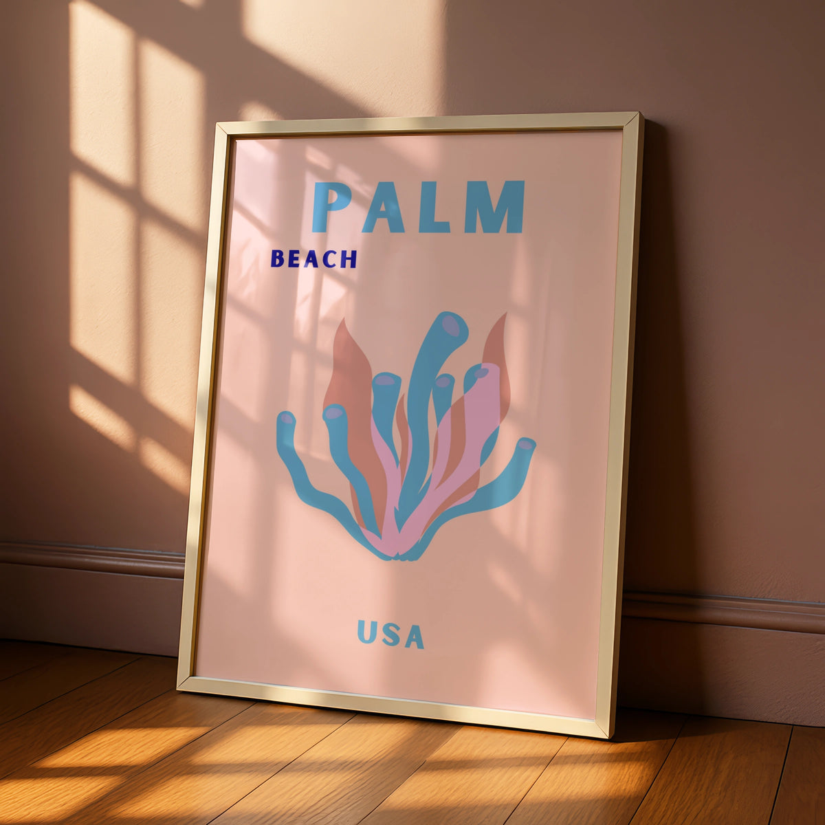 Palm Beach USA Travel Poster, Florida Wall Art, Retro Coral Print, Pastel Beach Decor