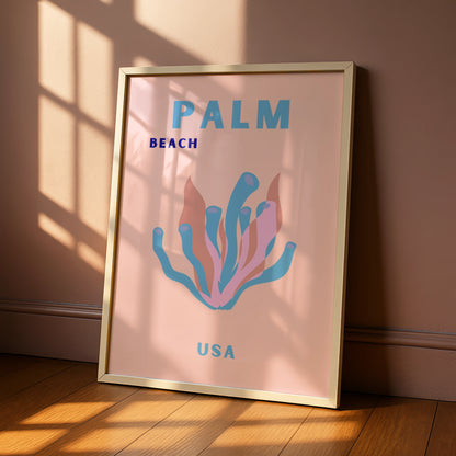 Palm Beach USA Travel Poster, Florida Wall Art, Retro Coral Print, Pastel Beach Decor