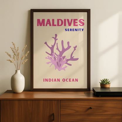 Maldives Travel Poster, Indian Ocean Wall Art, Coral Print, Retro Tropical Decor