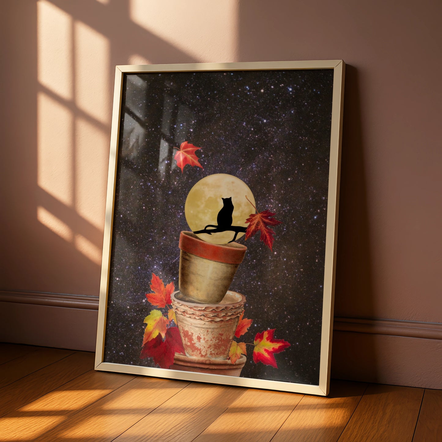 Halloween Black Cat Full Moon Poster, Autumn Leaves Night Sky Wall Art Print