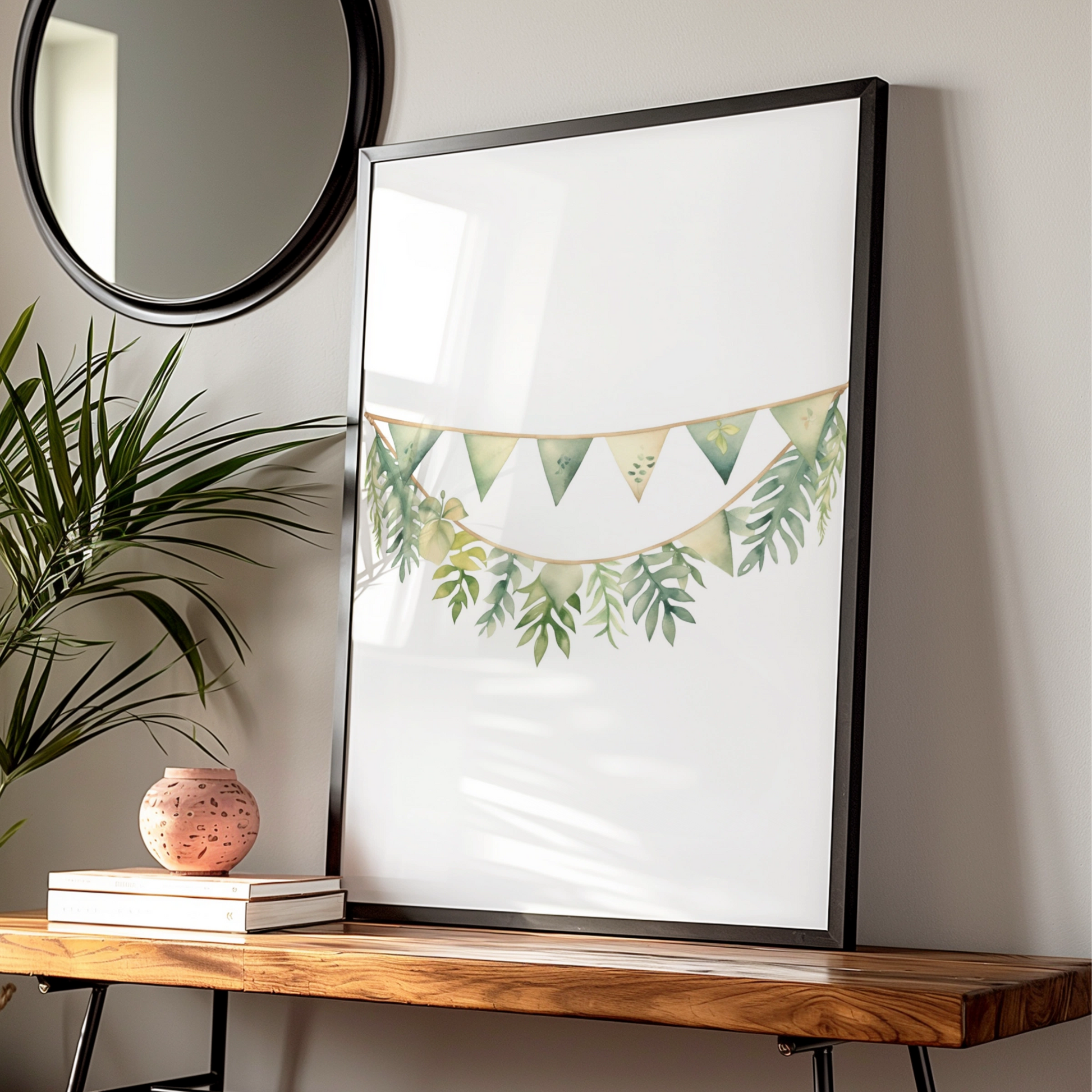 Nursery Wall Art Green Bunting Garland Poster, Botanical Baby Room Print, Watercolour Leaf Decor