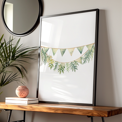 Nursery Wall Art Green Bunting Garland Poster, Botanical Baby Room Print, Watercolour Leaf Decor