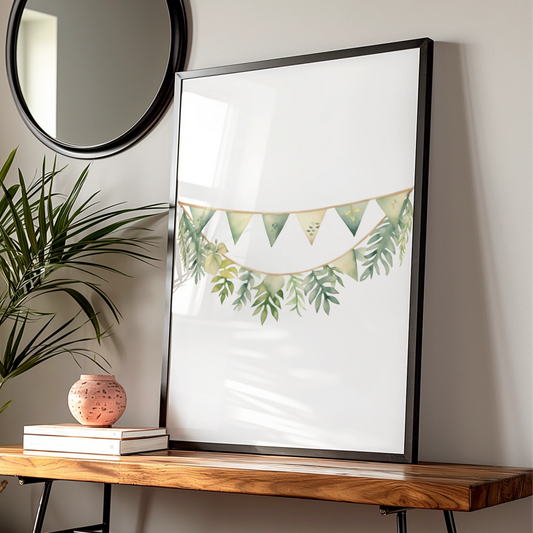 Nursery Wall Art Green Bunting Garland Poster, Botanical Baby Room Print, Watercolour Leaf Decor