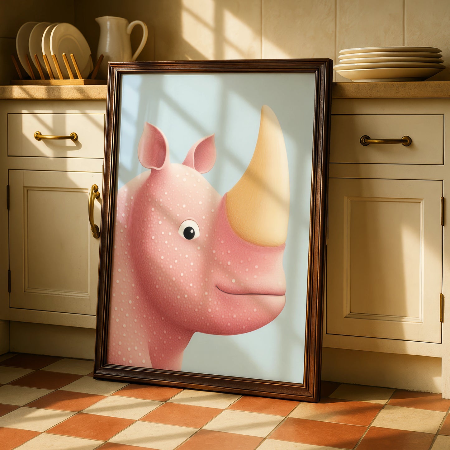 Cute Rhino Nursery Wall Art, Baby Animal Poster, Pink Rhinoceros Print for Kids Room
