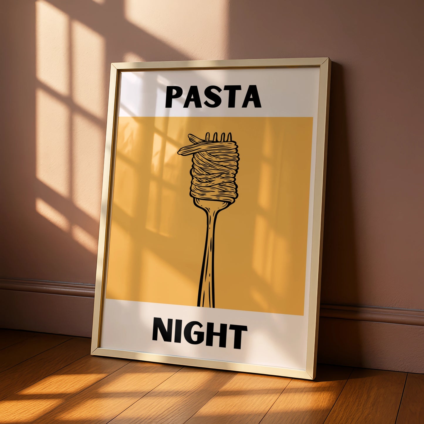 Pasta Night Kitchen Poster, Bold Spaghetti Fork Print, Modern Food Wall Art, Yellow Italian Decor