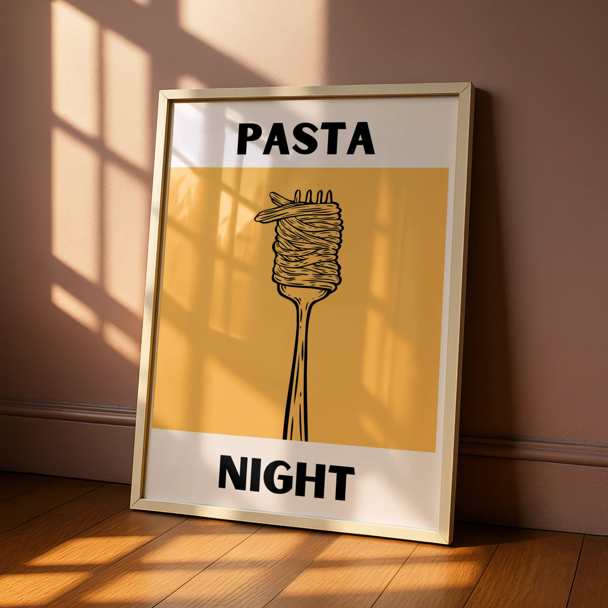 Pasta Night Kitchen Poster, Bold Spaghetti Fork Print, Modern Food Wall Art, Yellow Italian Decor