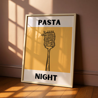 Pasta Night Kitchen Poster, Bold Spaghetti Fork Print, Modern Food Wall Art, Yellow Italian Decor