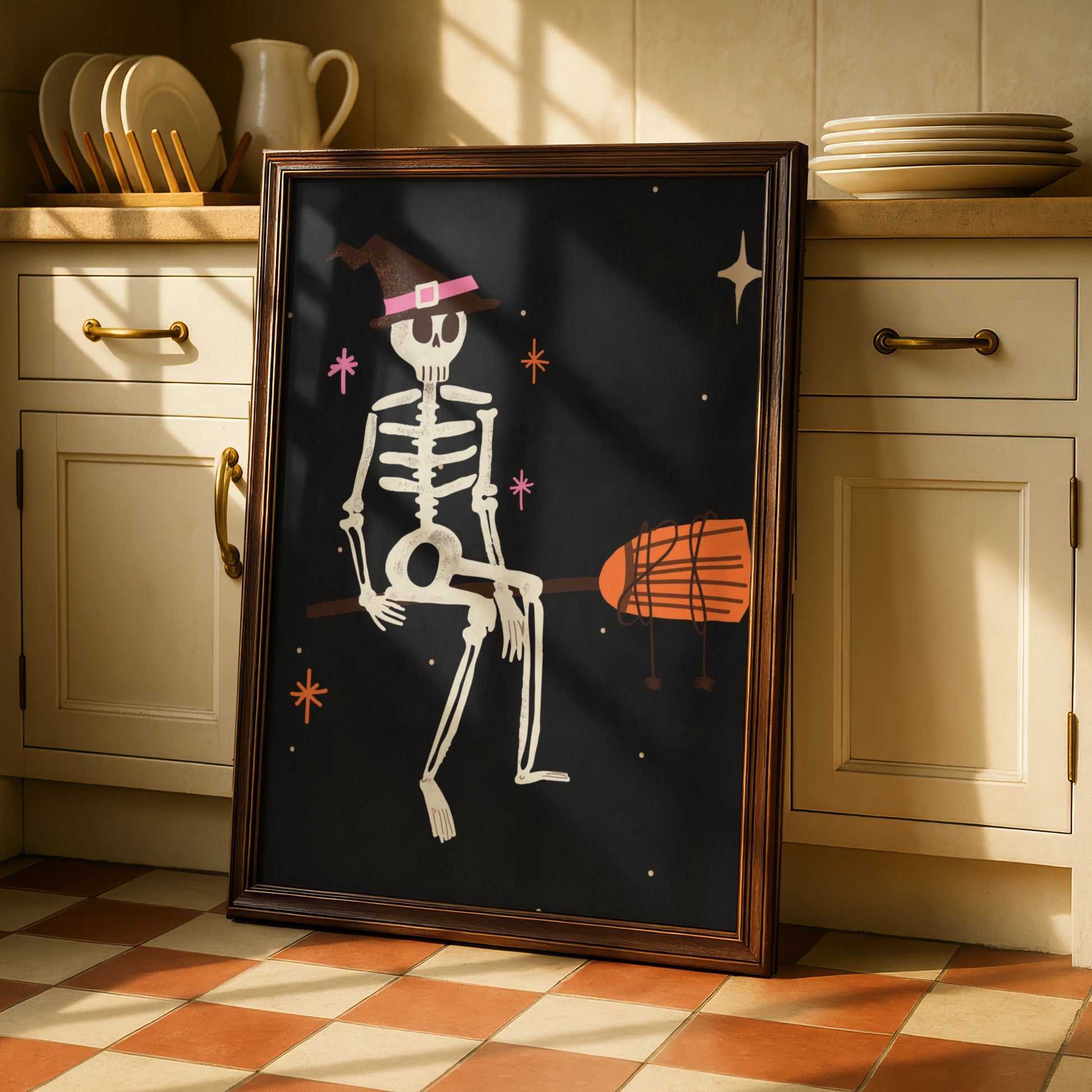 Halloween Skeleton Witch Hat Poster, Spooky Wall Art, Dark Retro Print, Pink Orange Decor