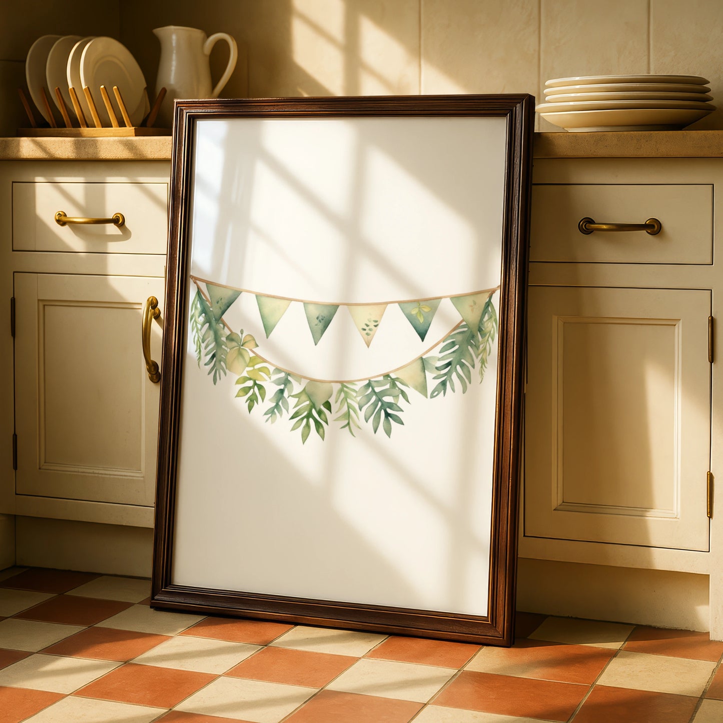 Nursery Wall Art Green Bunting Garland Poster, Botanical Baby Room Print, Watercolour Leaf Decor