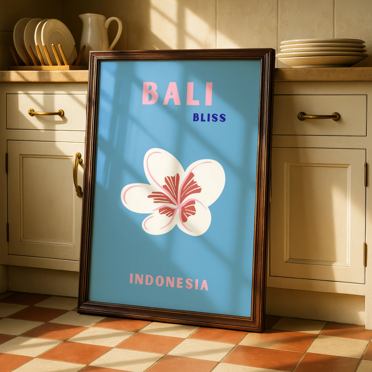 Bali Travel Poster Indonesia Wall Art, Retro Frangipani Print, Blue Pink Tropical Decor