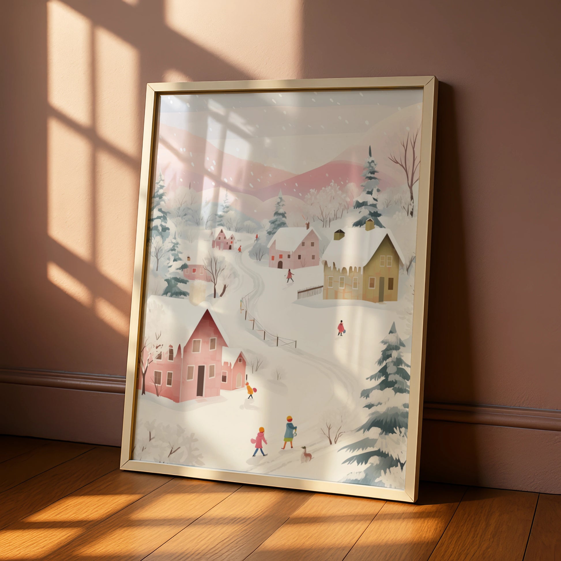 Christmas Village Snow Scene Poster, Pastel Winter Wall Art, Festive Holiday Print