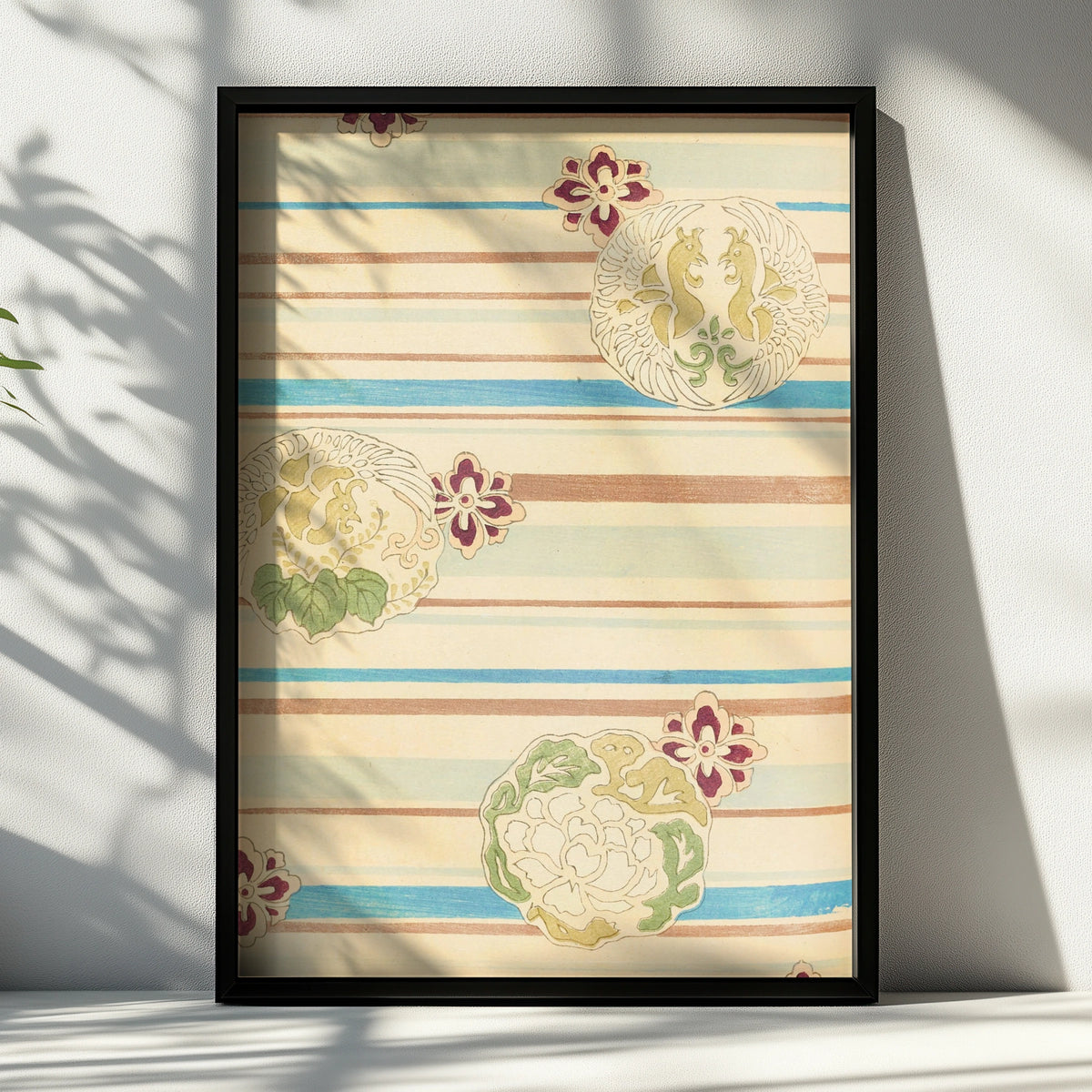 Vintage Japanese Woodblock Wall Art, Bijutsukai 1901 Floral Japandi Print Poster – A4 Black frame