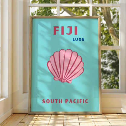 Fiji Travel Poster, South Pacific Wall Art, Retro Seashell Print, Teal Pink Beach Decor